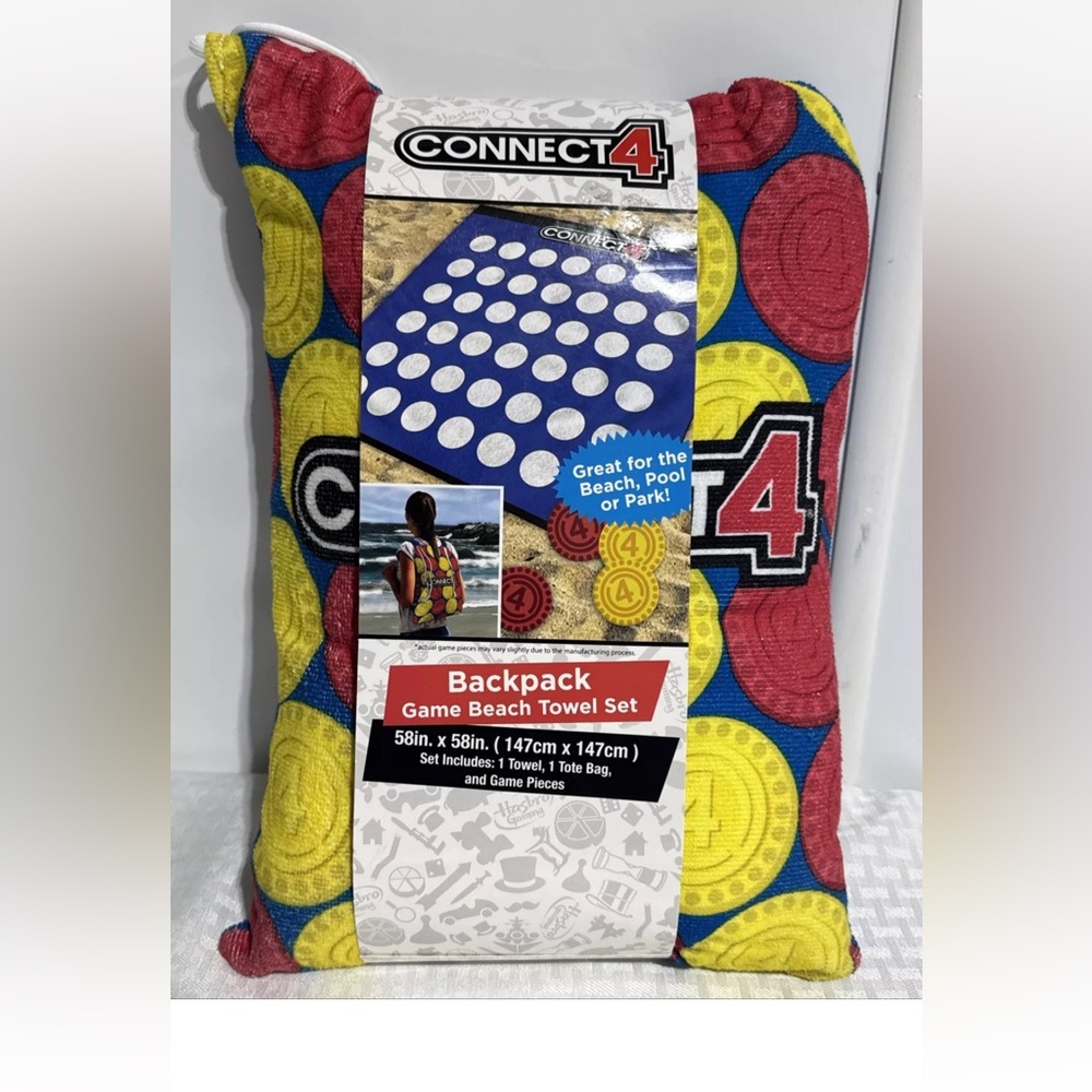 2020 NEW Connect 4 Backpack Game Beach Towel Set 58"x58" Tote Bag & Game Pieces.